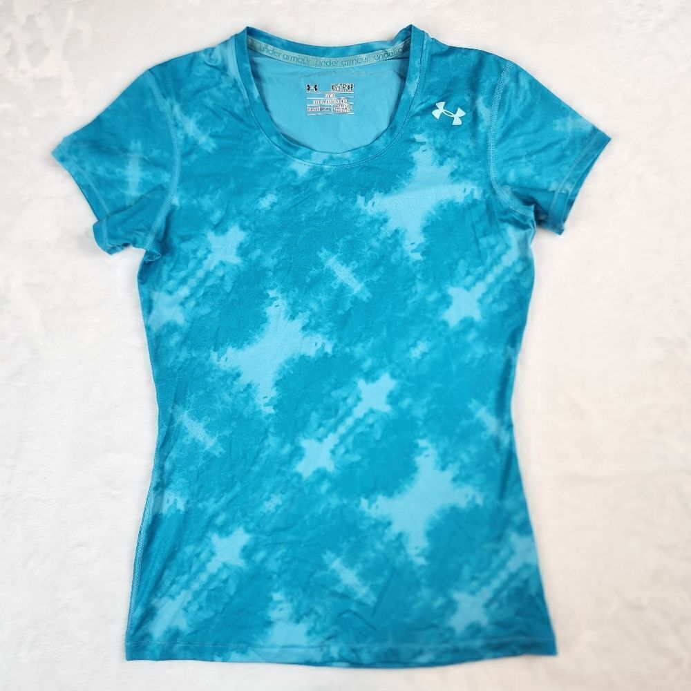 3/$25 Under Armour Heatgear Blue Tie Dye Short Sleeve Crew Neck Top Sz XS
